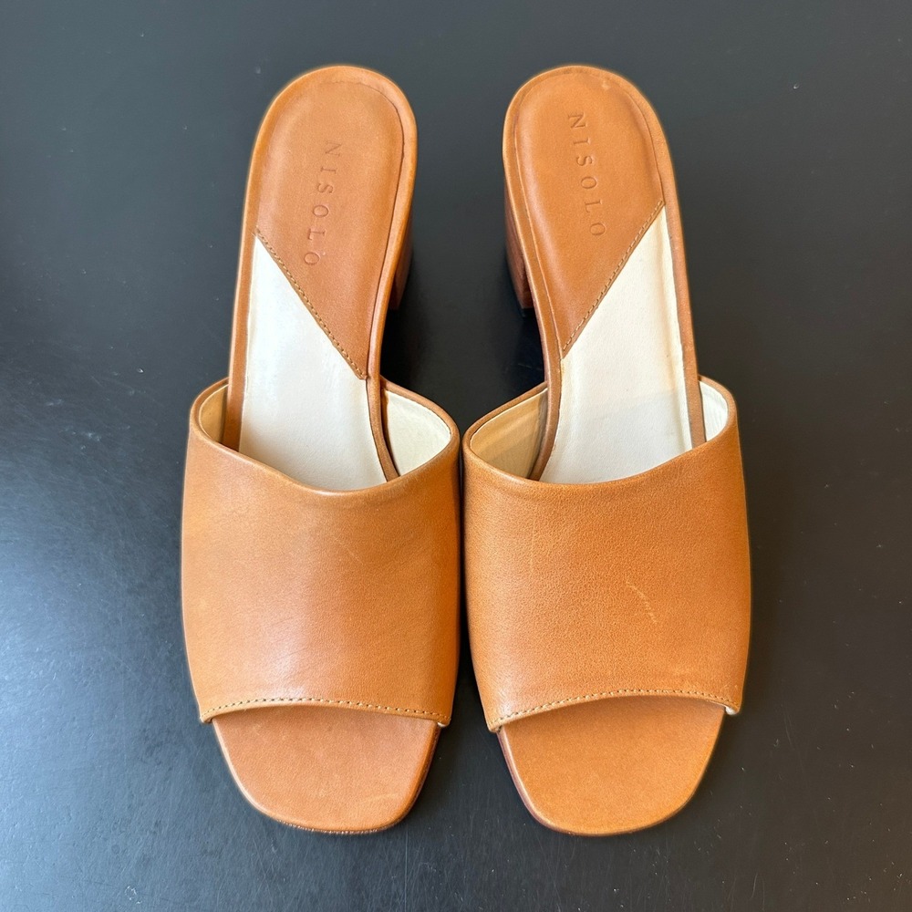 Nisolo Women Tan Leather Block Heel Elizabeth Sandals Open Toe Mules Size 5
